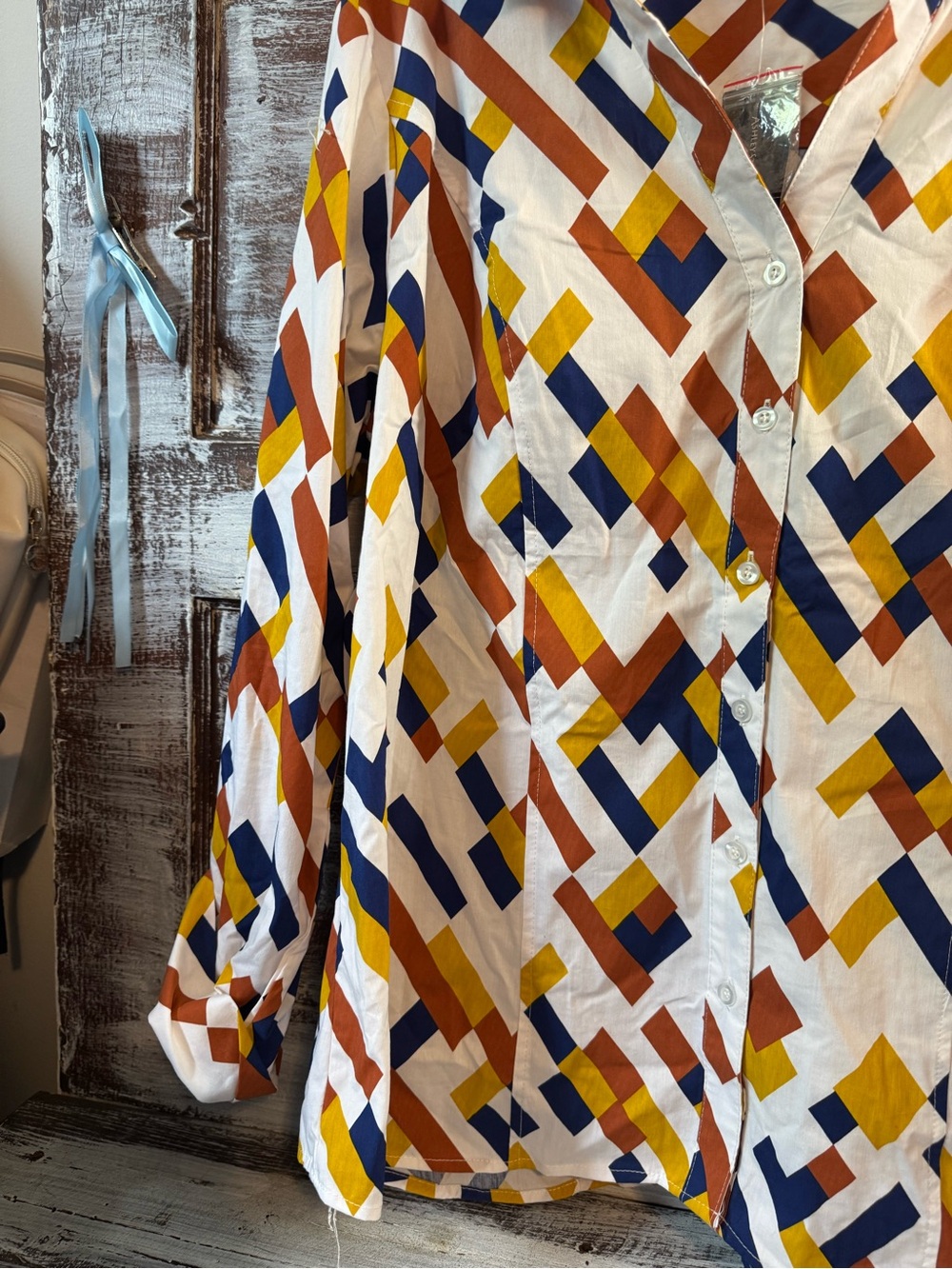 Ashley Stewart White Button-Down Shirt with Navy, Mustard & Rust Geometric Print - Picture 3 of 7